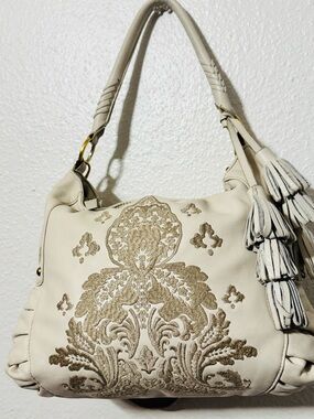 Isabella Fiore Cream Shoulder Bag with Gold Embroidered Motif